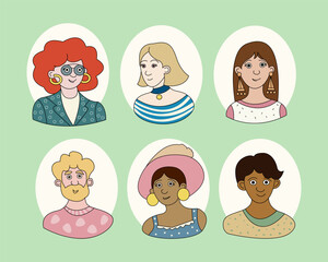 Different people. A set of funny characters, men and women with different faces, different races, different ages, and different hairstyles. Color vector illustration cartoon style.
