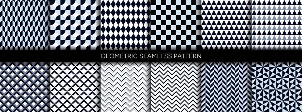 Monochrome seamless geometric pattern set of  with square rhombus, checkerboard, hexagon,circle, triagle, zigzag line. vector repeat background for print.