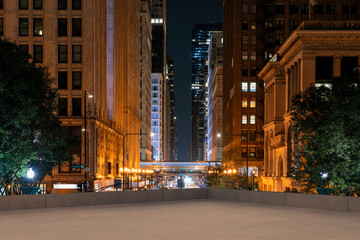 Skyscrapers Cityscape Downtown, Chicago Skyline Buildings. Beautiful Real Estate. Night time. Empty rooftop View. Success concept.