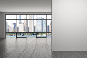 Downtown Chicago City Skyline Buildings Window background. Mock up copy space wall. Empty office room Interior Skyscrapers, View Lake Michigan waterfront. Cityscape. Day time. 3d rendering.