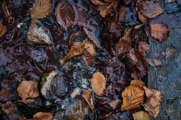 Closeup shot of autumn foliage in the pond