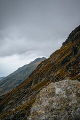 Vertical shot of the mountainous landscape under a cloudy sky