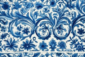 Blue watercolor damask with a hand-drawn flower pattern. Continuity of design, tiled decoration. Persian backdrop with abstract filigree. Azulejo ornamental piece in blue and white. Generative AI
