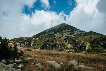 Fototapeta na wymiar Landscape of rocky mountains with green vegetation under blue cloudy sky