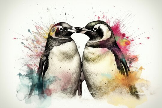 Two penguins waddle together, it's clear they are a pair bonded for life. Watercolor Painting. Generative AI