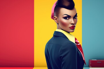 Beautiful fictional non binary latin person in flight attendant business attire on a brightly colored background, created with generative ai