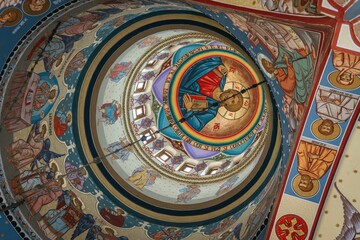 Low-angle shot of the murals and paintings on the walls and the dome of a Christian church