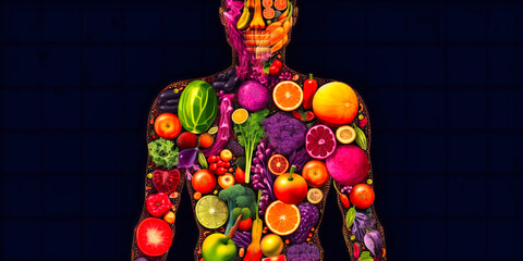the human body with various fruits and vegetables around it