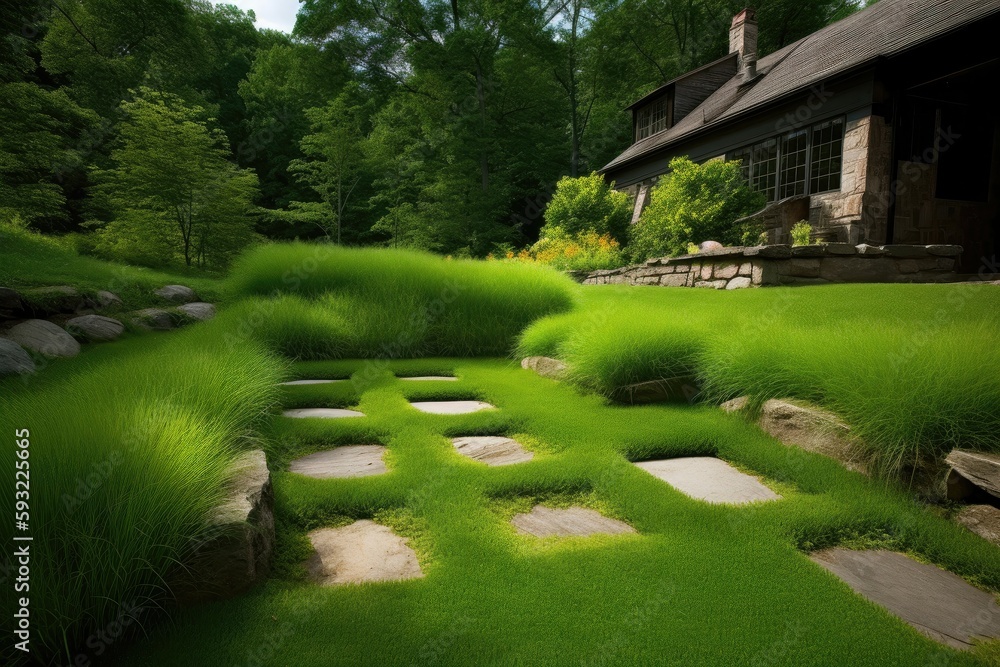 Poster Vivid green of the grass creates a lush and inviting landscape. Generative AI