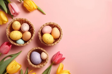 Easter Basket: Photo of Colorful Eggs on Pastel Background. Ai generated.