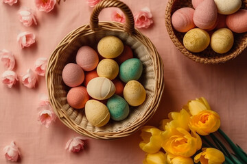 Easter Basket: Photo of Colorful Eggs on Pastel Background. Ai generated.