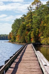 Vertical of a pier on lake against autumn trees at Cheraw State Park in Chesterfield, South Carolina