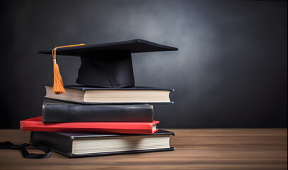 Graduation cap on books. Concept of education, back to school. Generative AI