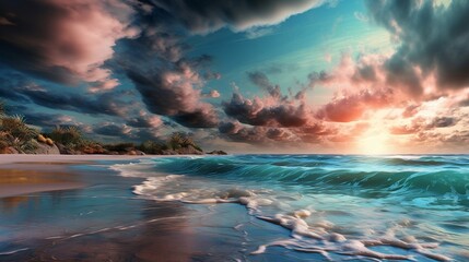 a seaside with a colorful horizon with bright clouds and an ocean. realistic and fantastical elements mixed wallpaper. generative AI