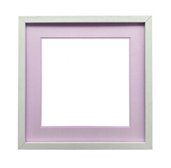 Square wooden picture frame, in white with purple passe-partout