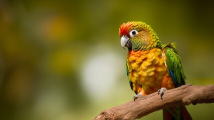 A close-up shot of a colorful Conure perched on a branch