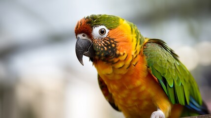 A close-up shot of a colorful Conure perched on a branch