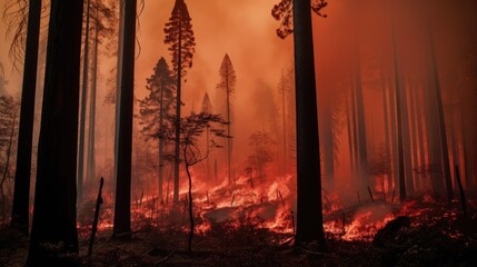 A picture of a intense forest on fire with smoke rising up into the sky.
