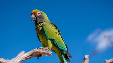 A Conure with bright green feathers perched on a tree branch in the outdoors