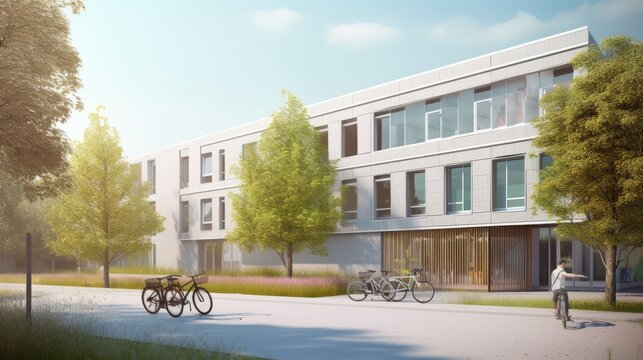 A modern school building with a few bicycles.