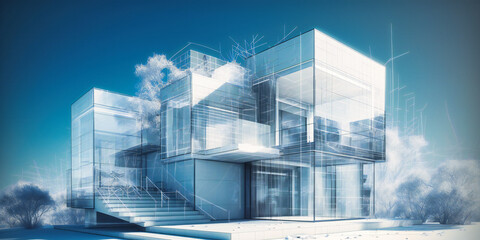 Plakat rendering of a modern house with the blueprint,