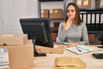 Young blonde woman ecommerce business worker having online deaf language conversation at office