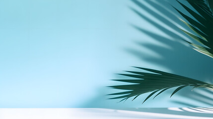 Fototapeta na wymiar Blurred shadow from palm leaves on the light blue wall. Minimal abstract background for product presentation. Spring and summer