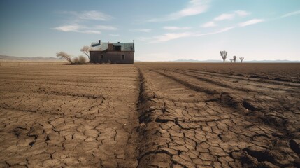 A photo of an abandoned farm that has been affected by a drought. Focused on dry and barren soil.
