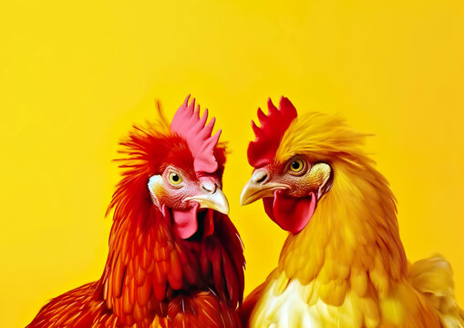Cool roosters pose in the photo studio in the background. Despite being in an unfamiliar environment, the animal feels good. AI generated illustration.