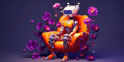 three dimensional robot character sitting in a chair with flowers and a lisp,