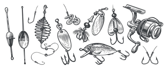 Fishing tackle set. Various items and accessories for sports fishing. Catch a fish, concept, sketch vector illustration © ~ Bitter ~