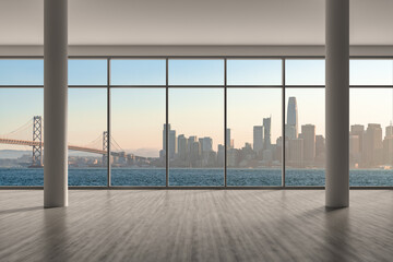 Fototapeta na wymiar Empty room Interior Skyscrapers View Cityscape. Downtown San Francisco City Skyline Buildings from High Rise Window. Beautiful California Real Estate. Sunset. 3d rendering.
