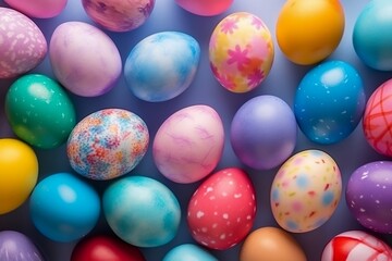 Fototapeta na wymiar Beautiful Easter eggs on the table. Background from eggs. Generative AI.