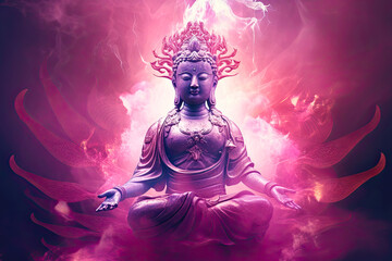 Relaxation and enlightenment of Buddhist Avalokiteshvara. Postproducted generative AI illustration.