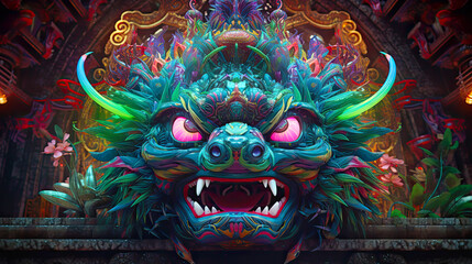 Scary Barongsai dragon mask for festival parade. Postproducted generative AI illustration.