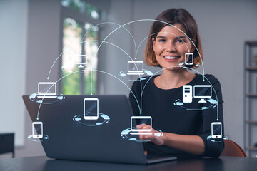 Pensive attractive beautiful businesswoman in formal wear working on laptop at office workplace in background. Concept of network connection information technology.