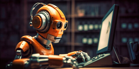an orange robot with headphones sitting in front of a laptop computer,