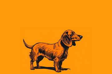 Portrait dog dachshund in bold orange background, style of pop art, illustration