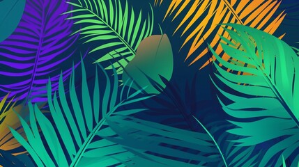 Fototapeta na wymiar An abstract tropical palm leaves background illustration with vibrant summer colours. A.I. Generated.