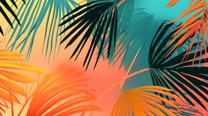 Fototapeta na wymiar An abstract tropical palm leaves background illustration with vibrant summer colours. A.I. Generated.