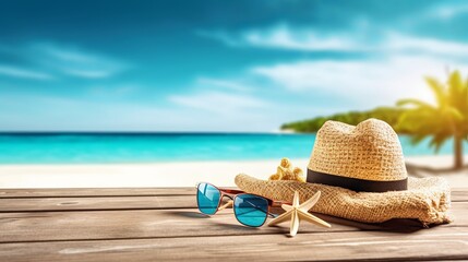 Fototapeta na wymiar Tropical beach with sunbathing accessories, summer holiday background
