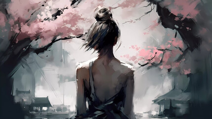 Art, paints, Japanese sakura, a beautiful girl from the back