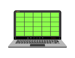 Videocall interface, video call screen icons and UI template for laptop, vector overlay. Video conference or videocall online chat mockup with chromakey for laptop application. 25 users