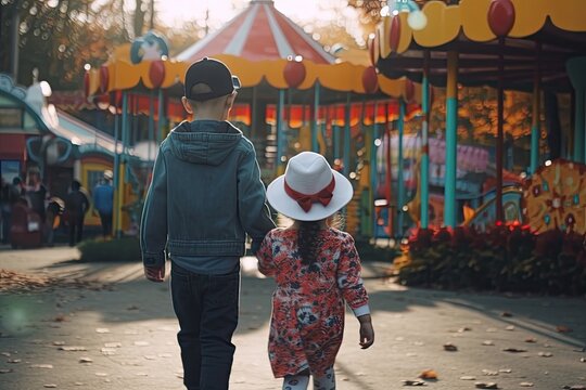 brother and sister walking to amusement theme park hand in hand