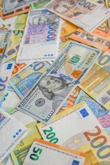 Closeup shot of Euro, USD and Croatin kuna banknotes