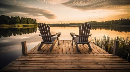 Foto op Plexiglas Two wooden chairs on a wood pier overlooking a lake at sunset, Generative Ai © oldwar