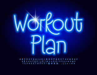 Vector neon poster Workout Plan. Blue glowing Font. Handwritten Alphabet Letters and Numbers set 