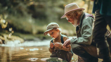 In the midst of a sunny day, a lively grandparent-grandchild duo enjoys an active fishing excursion in nature, Created with generative Ai Technology. - obrazy, fototapety, plakaty