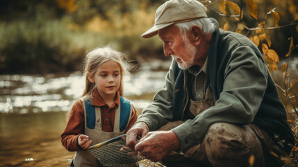 In the midst of a sunny day, a lively grandparent-grandchild duo enjoys an active fishing excursion in nature, Created with generative Ai Technology.