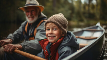 In the midst of a sunny day, a lively grandparent-grandchild duo enjoys an active fishing excursion in nature, Created with generative Ai Technology.
